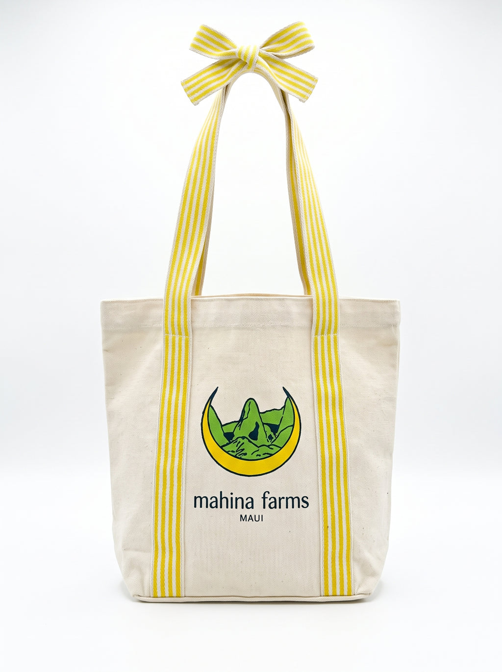 Mahina Farms Maui Canvas Tote with Yellow Striped Bow Straps