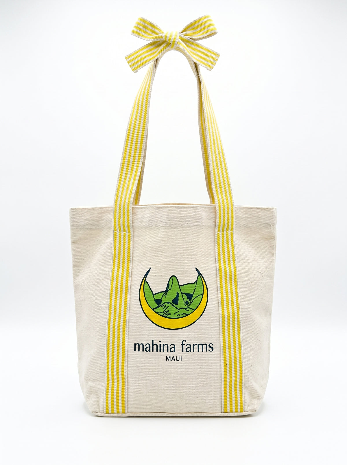 Mahina Farms Maui Canvas Tote with Yellow Striped Bow Straps